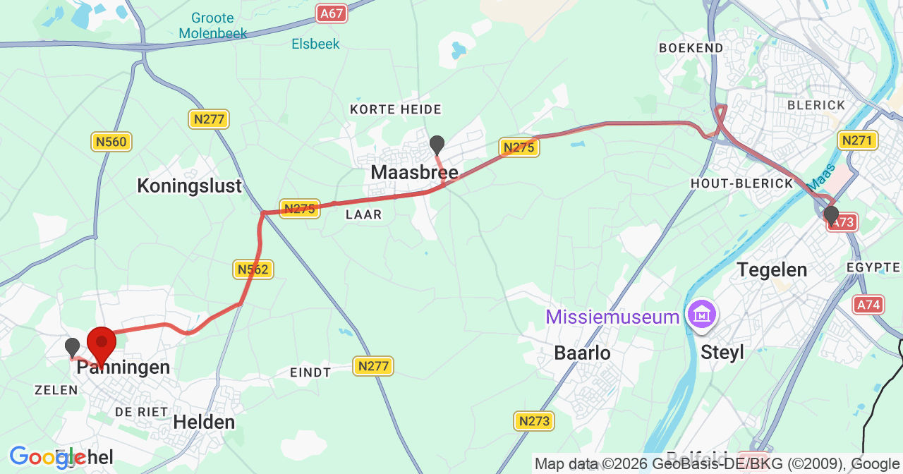 Kaart van het incident in Panningen met berekende routes vanaf gealarmeerde posten