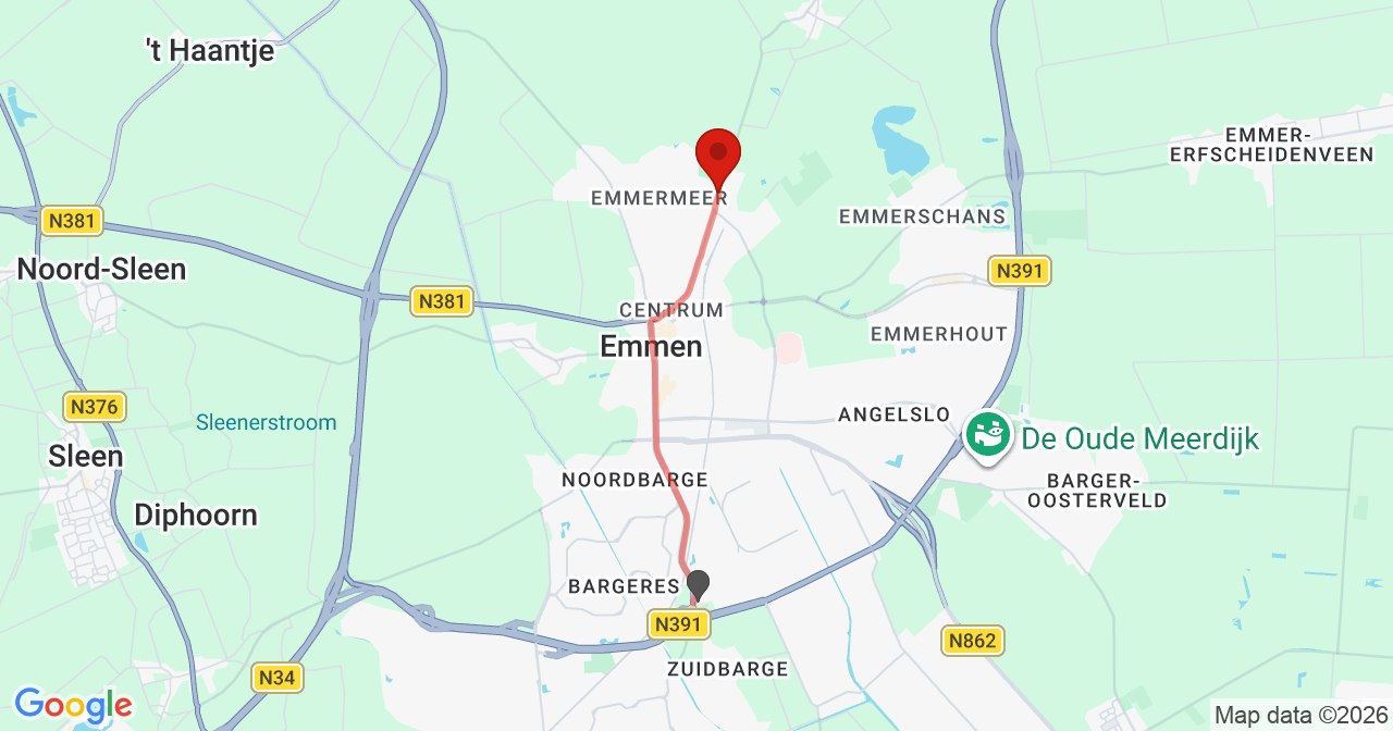 Kaart van het incident in Emmen met berekende routes vanaf gealarmeerde posten