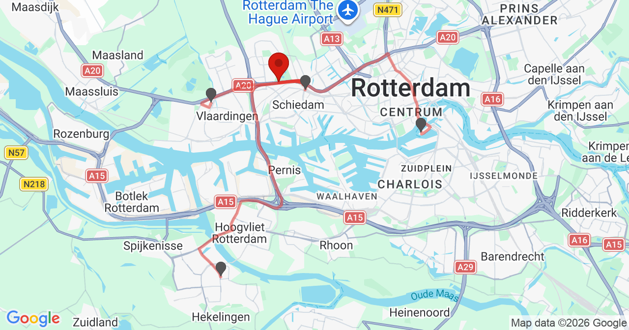 Kaart van het incident in Schiedam met berekende routes vanaf gealarmeerde posten