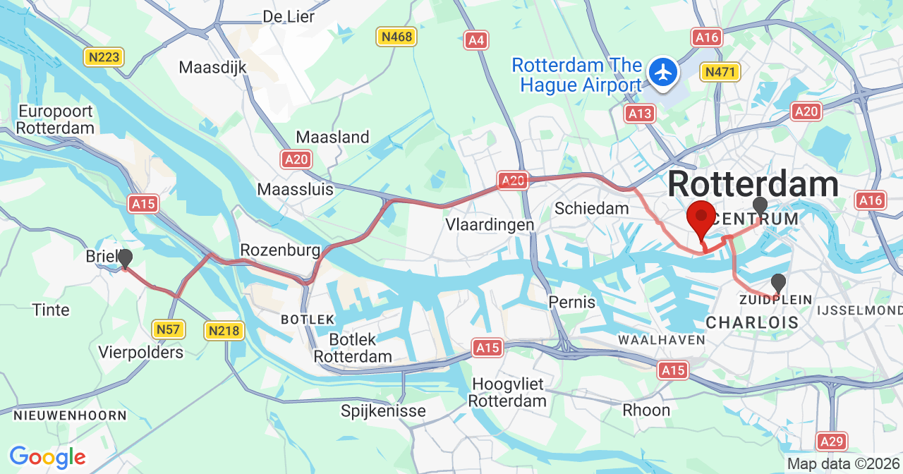 Kaart van het incident in Rotterdam met berekende routes vanaf gealarmeerde posten