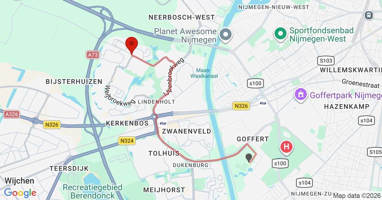 Kaart van het incident in Nijmegen met berekende routes vanaf gealarmeerde posten