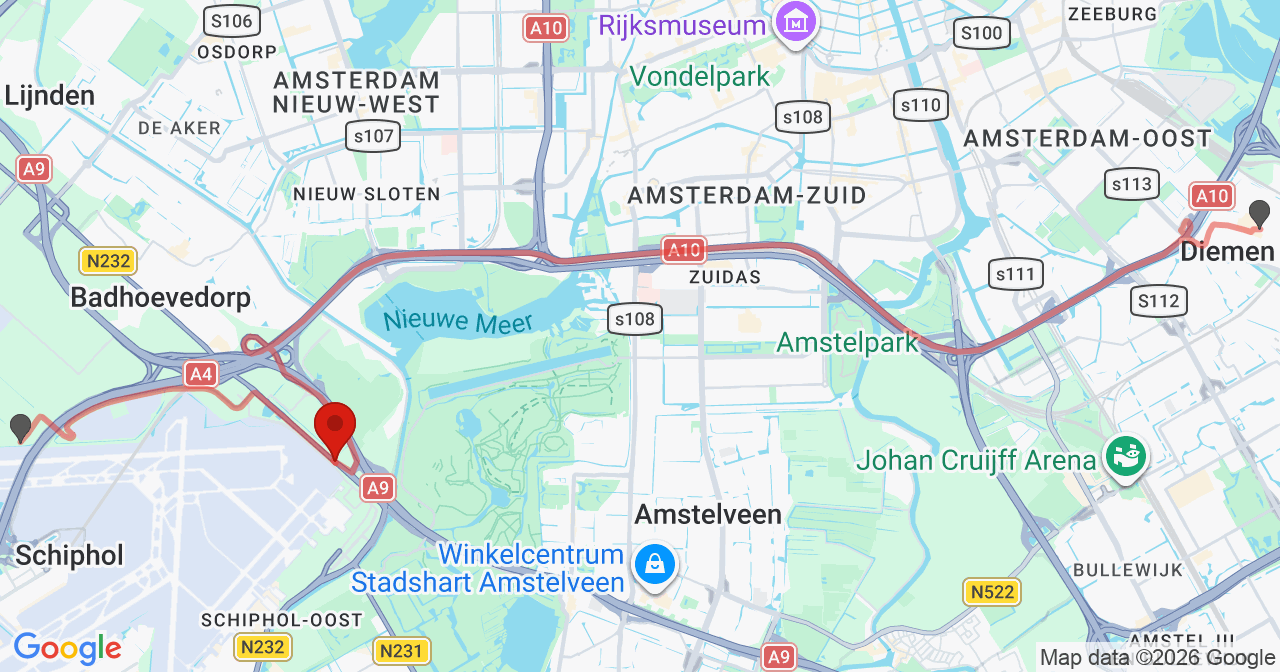 Kaart van het incident in Schiphol met berekende routes vanaf gealarmeerde posten