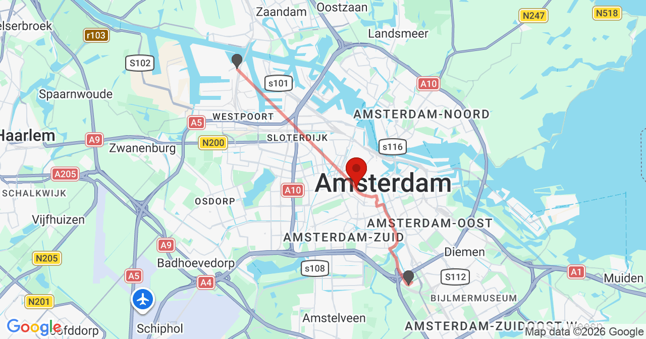 Kaart van het incident in Amsterdam met berekende routes vanaf gealarmeerde posten
