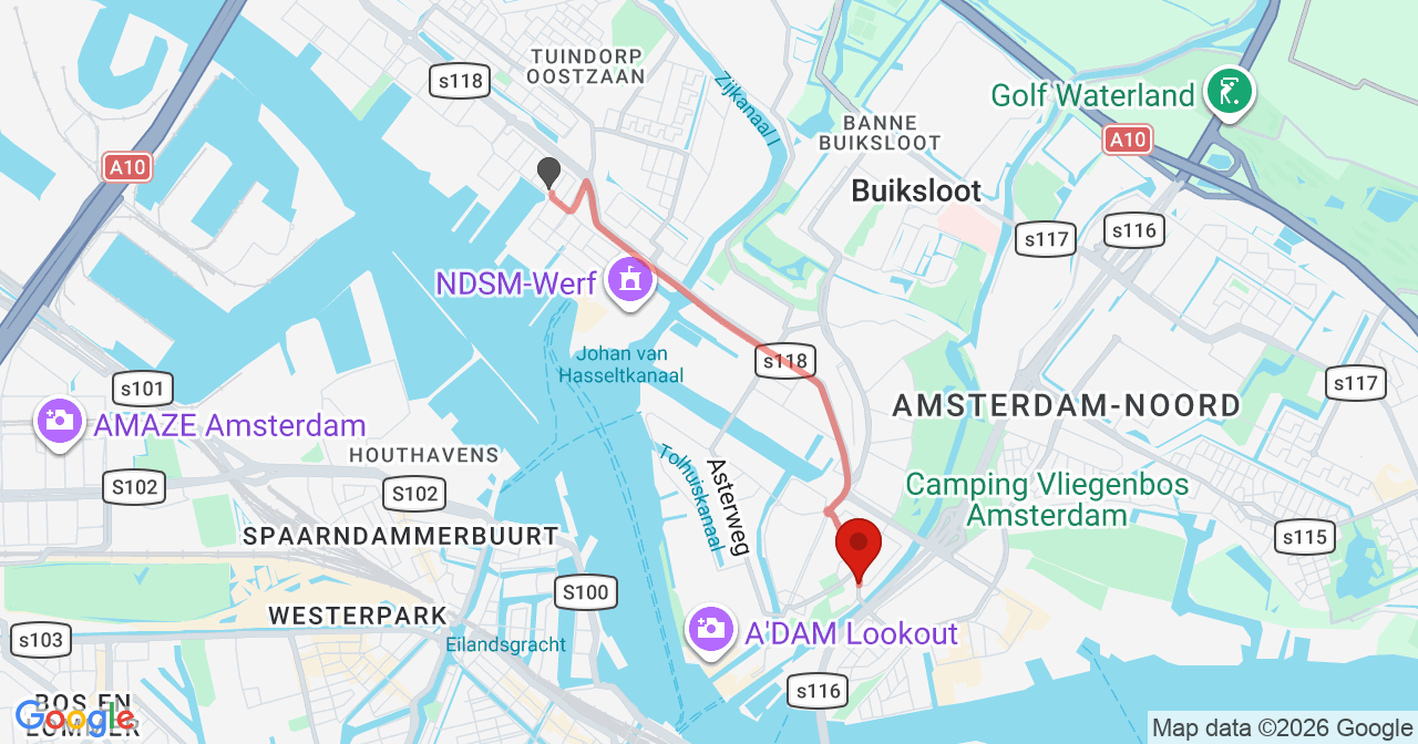 Kaart van het incident in Amsterdam met berekende routes vanaf gealarmeerde posten
