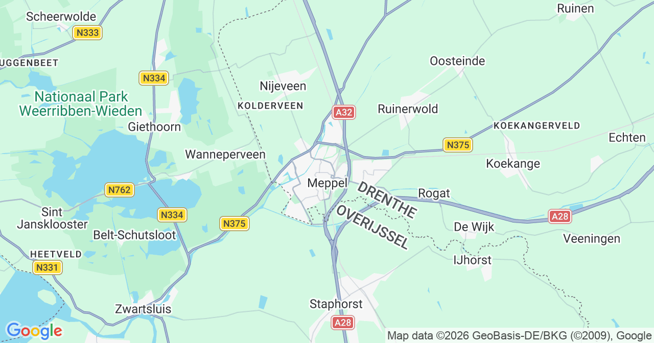 Kaart van het incident in Meppel met berekende routes vanaf gealarmeerde posten