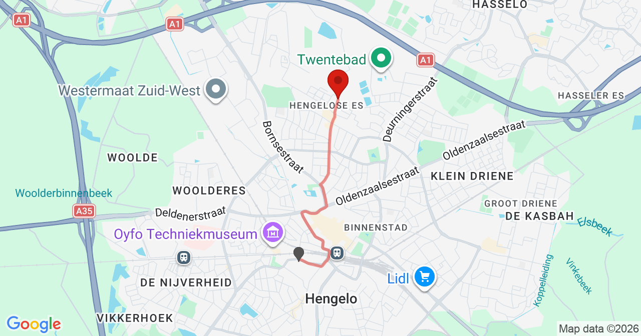 Kaart van het incident in Hengelo met berekende routes vanaf gealarmeerde posten