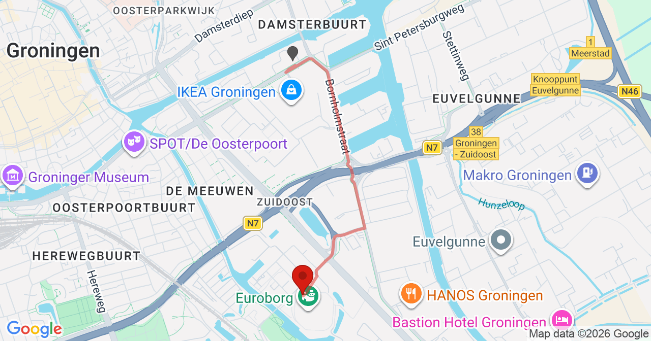 Kaart van het incident in Groningen met berekende routes vanaf gealarmeerde posten