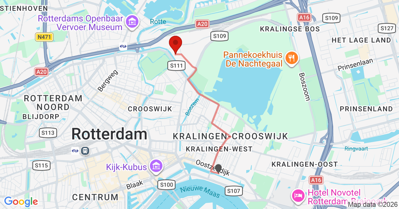 Kaart van het incident in Rotterdam met berekende routes vanaf gealarmeerde posten