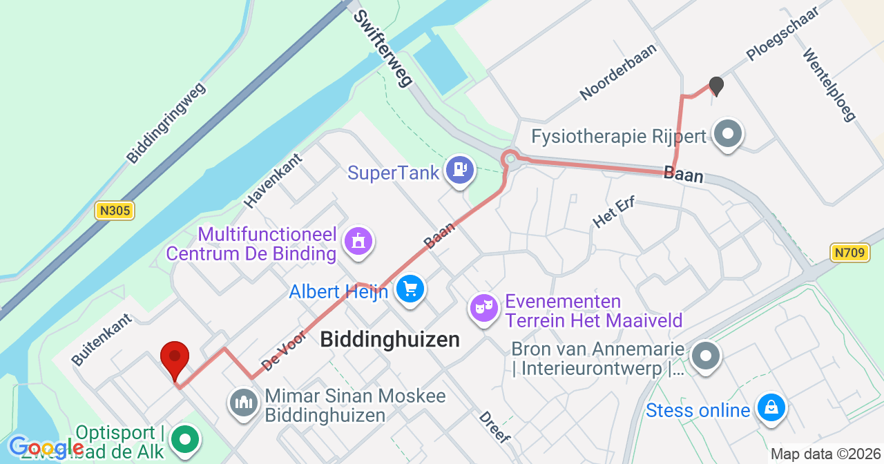 Kaart van het incident in Biddinghuizen met berekende routes vanaf gealarmeerde posten