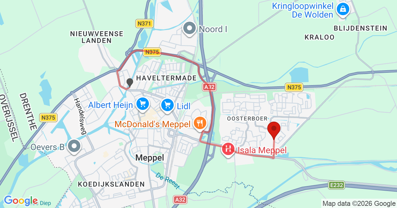 Kaart van het incident in Meppel met berekende routes vanaf gealarmeerde posten