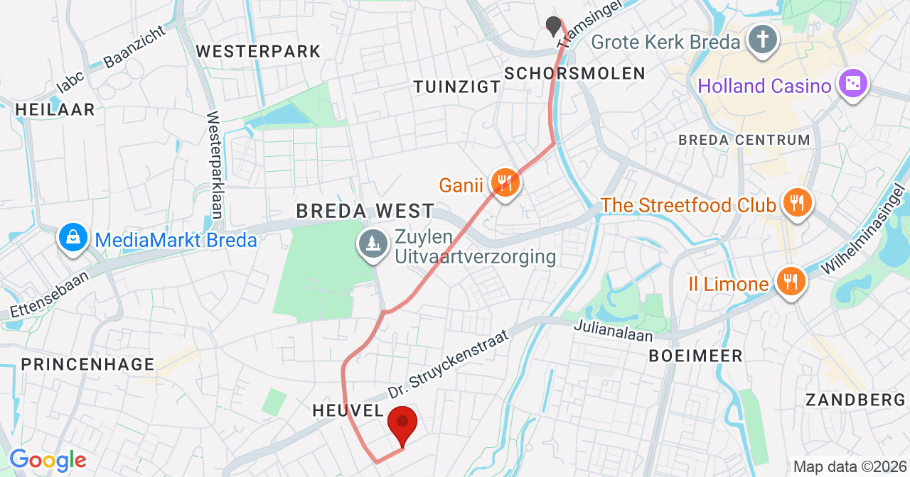 Kaart van het incident in Breda met berekende routes vanaf gealarmeerde posten