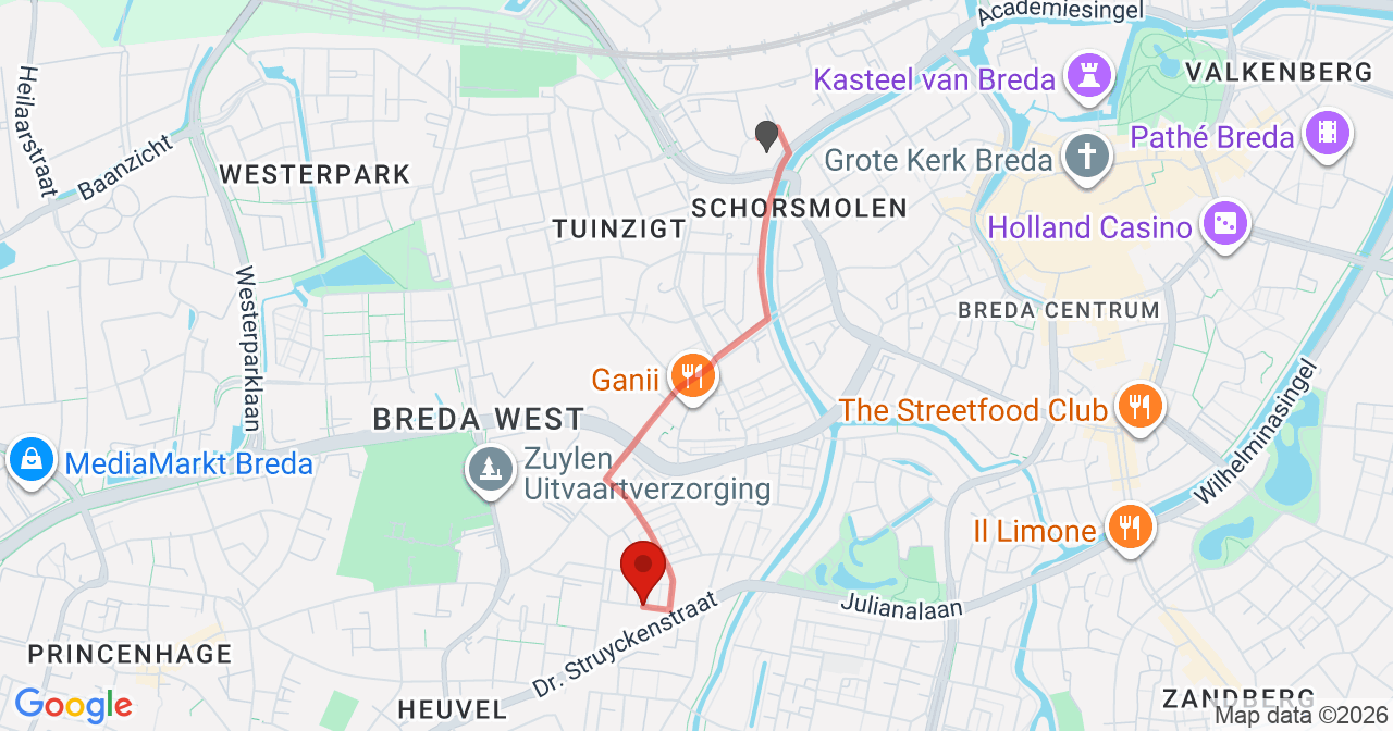 Kaart van het incident in Breda met berekende routes vanaf gealarmeerde posten