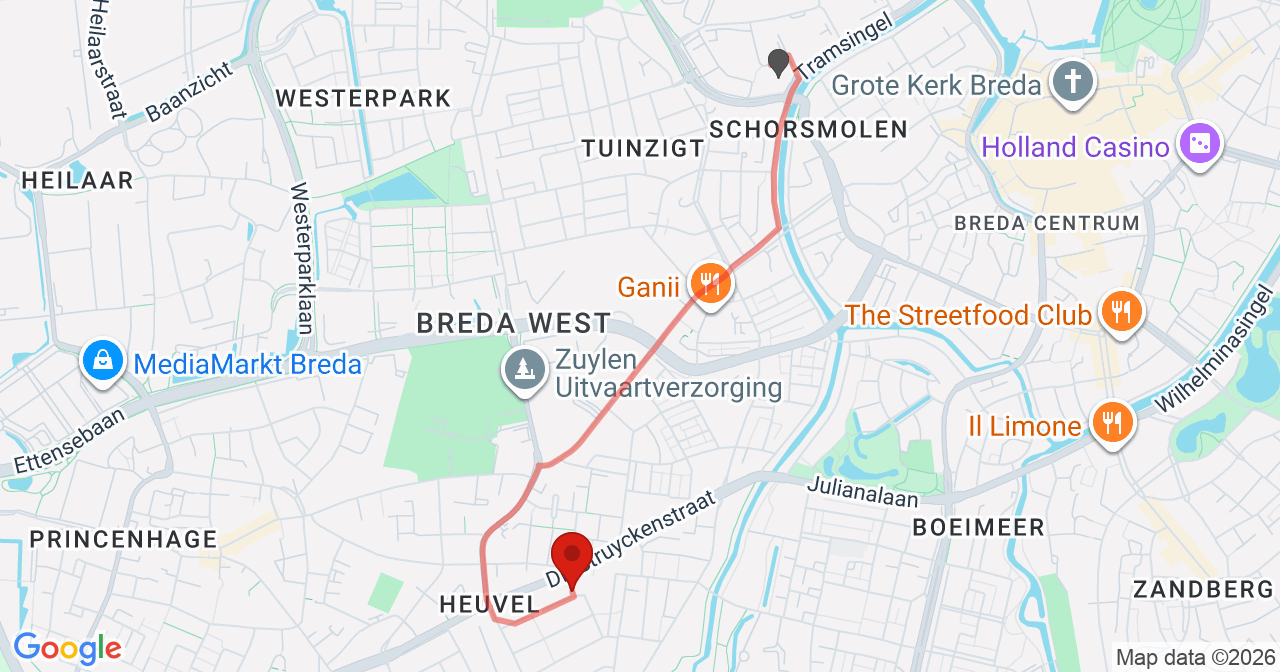 Kaart van het incident in Breda met berekende routes vanaf gealarmeerde posten