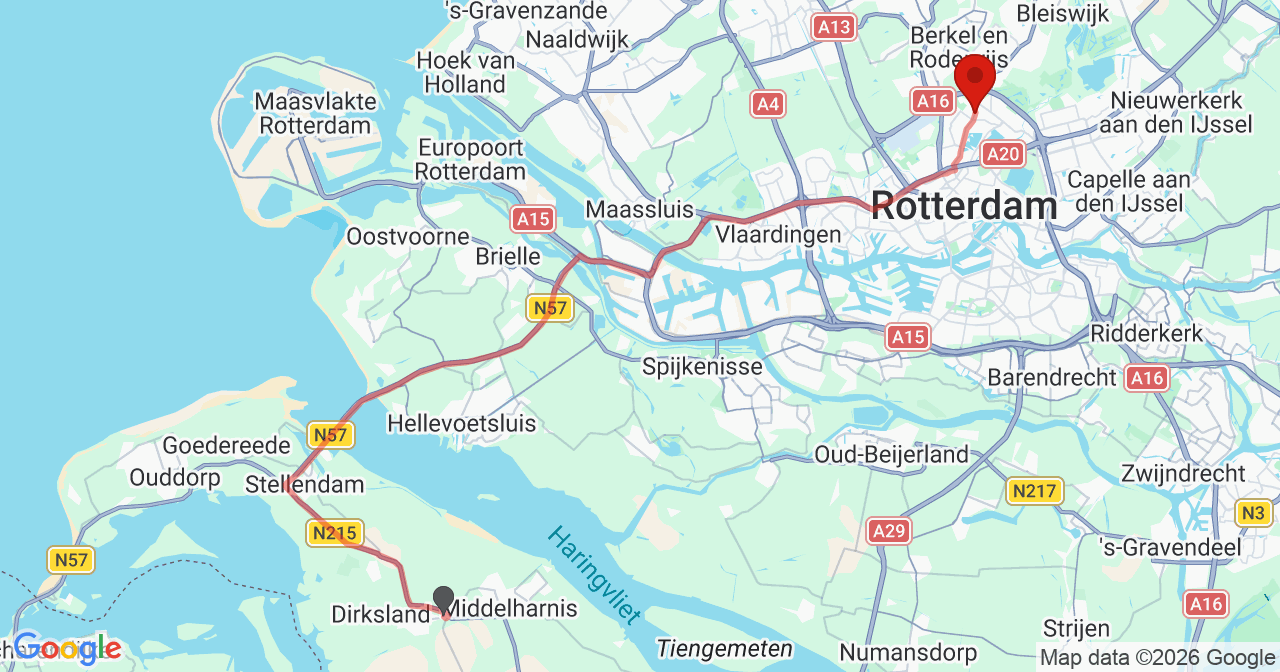 Kaart van het incident in Rotterdam met de aanrijroutes van de gealarmeerde eenheden