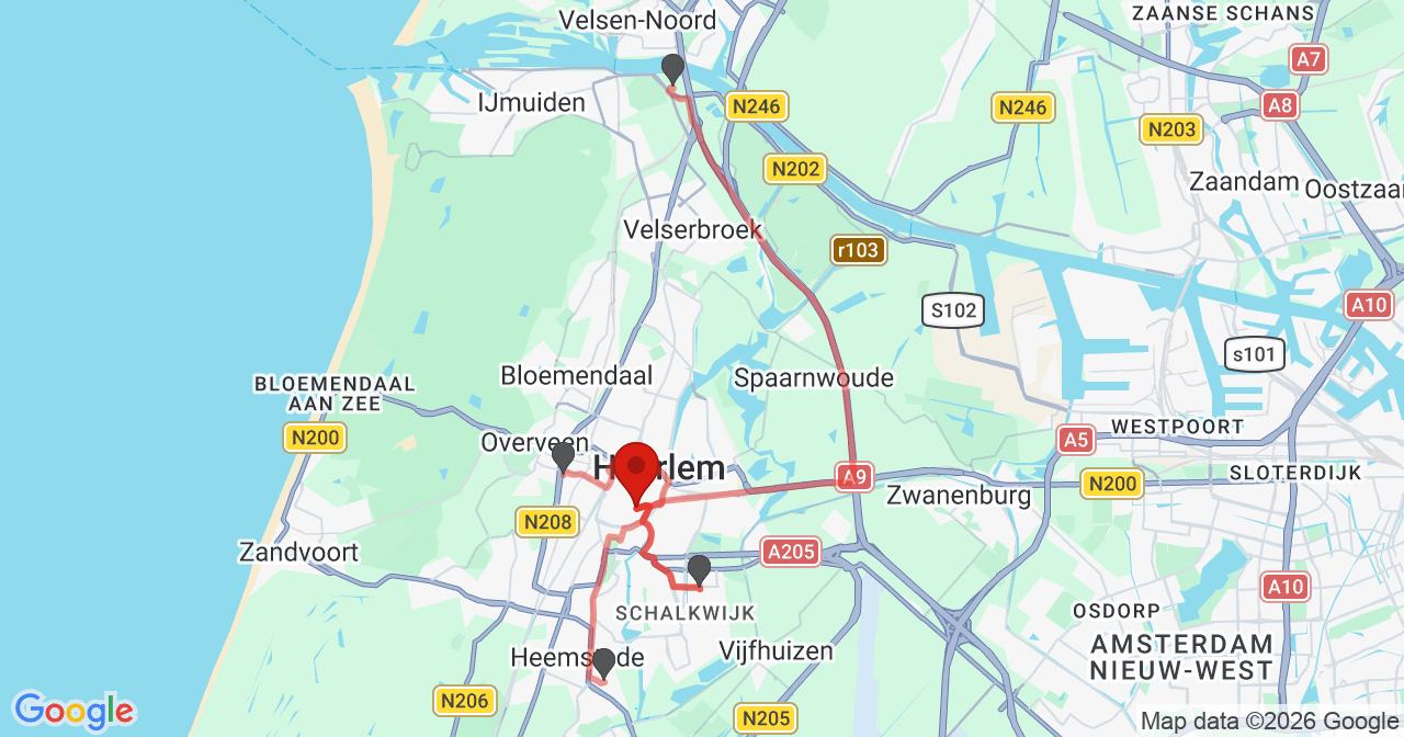 Kaart van het incident in Haarlem met berekende routes vanaf gealarmeerde posten