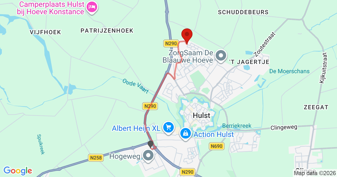 Kaart van het incident in Hulst met berekende routes vanaf gealarmeerde posten