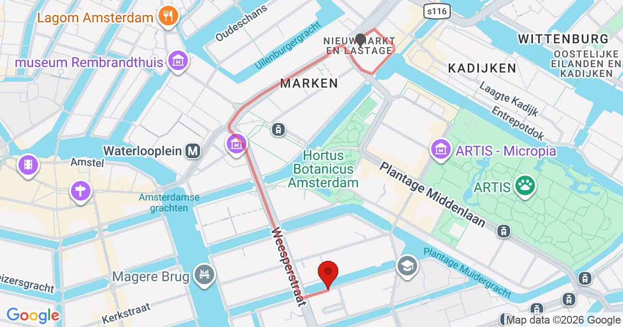 Kaart van het incident in Amsterdam met berekende routes vanaf gealarmeerde posten