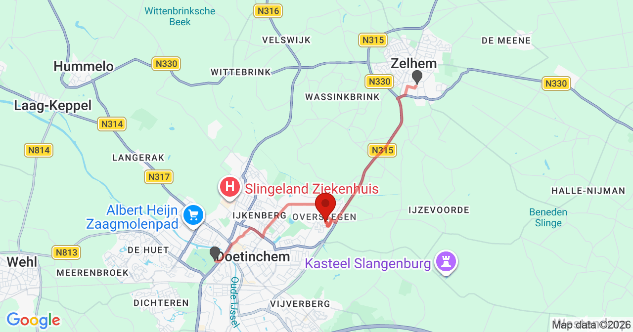 Kaart van het incident in Doetinchem met berekende routes vanaf gealarmeerde posten