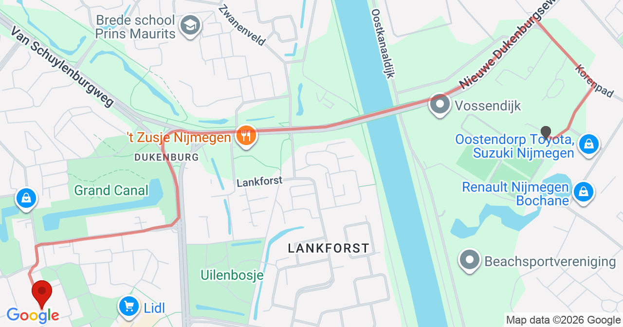 Kaart van het incident in Nijmegen met berekende routes vanaf gealarmeerde posten