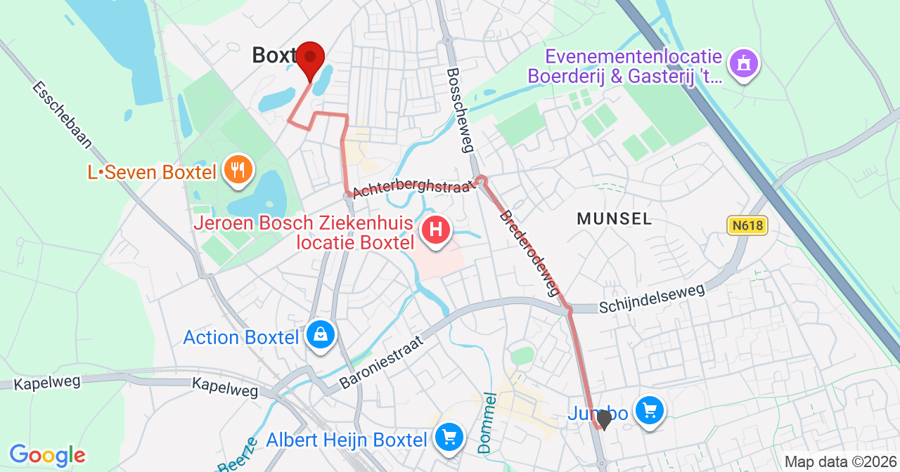 Kaart van het incident in Boxtel met berekende routes vanaf gealarmeerde posten