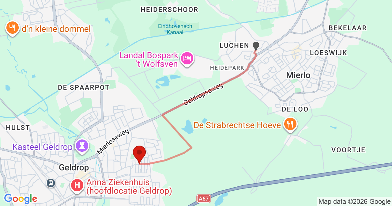 Kaart van het incident in Geldrop met de aanrijroutes van de gealarmeerde eenheden