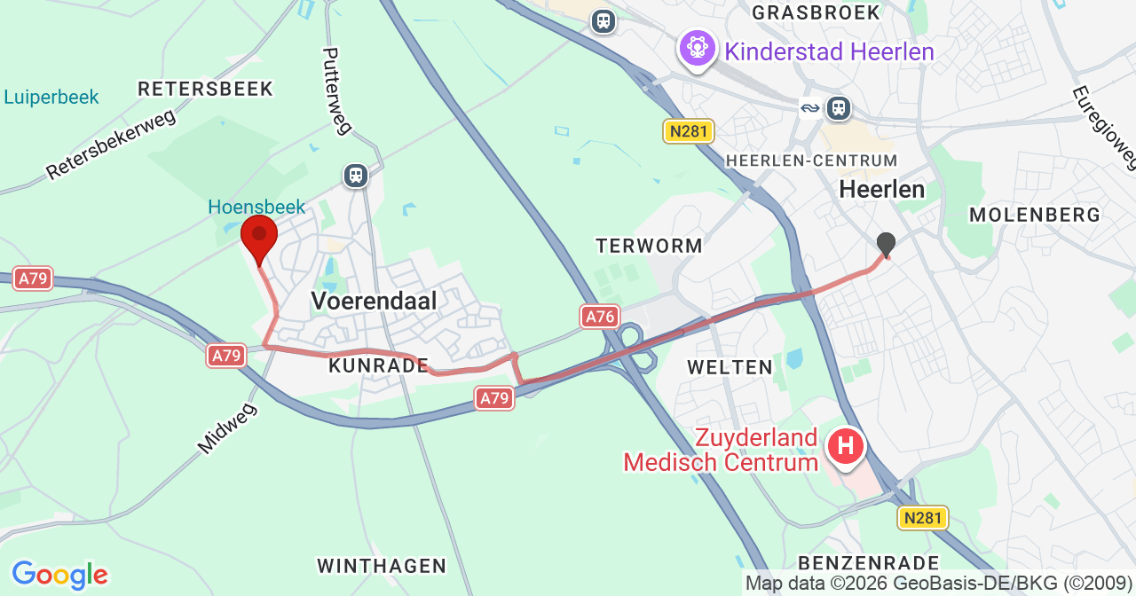 Kaart van het incident in Voerendaal met berekende routes vanaf gealarmeerde posten