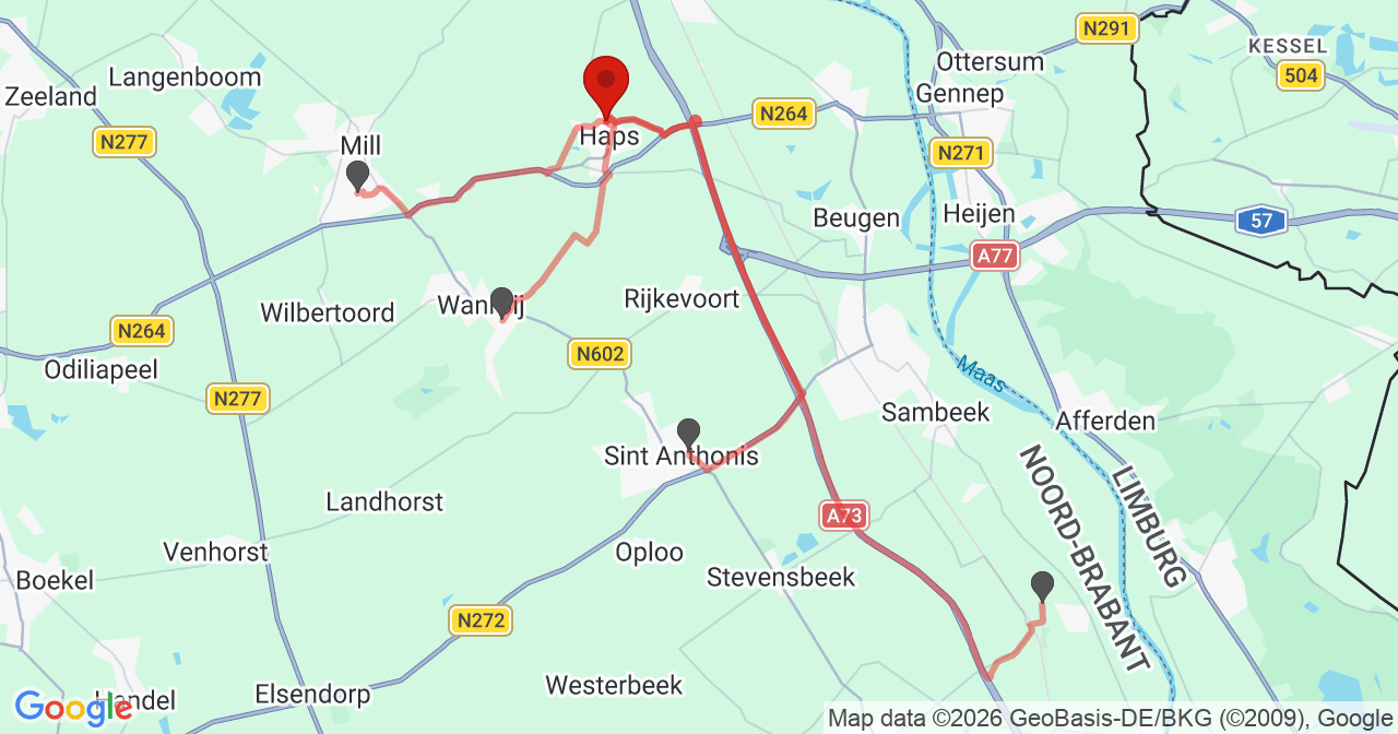 Kaart van het incident in Haps met de aanrijroutes van de gealarmeerde eenheden