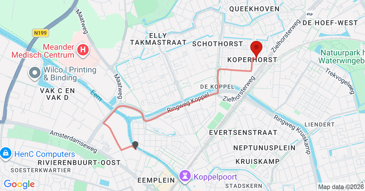 Kaart van het incident in Amersfoort met berekende routes vanaf gealarmeerde posten