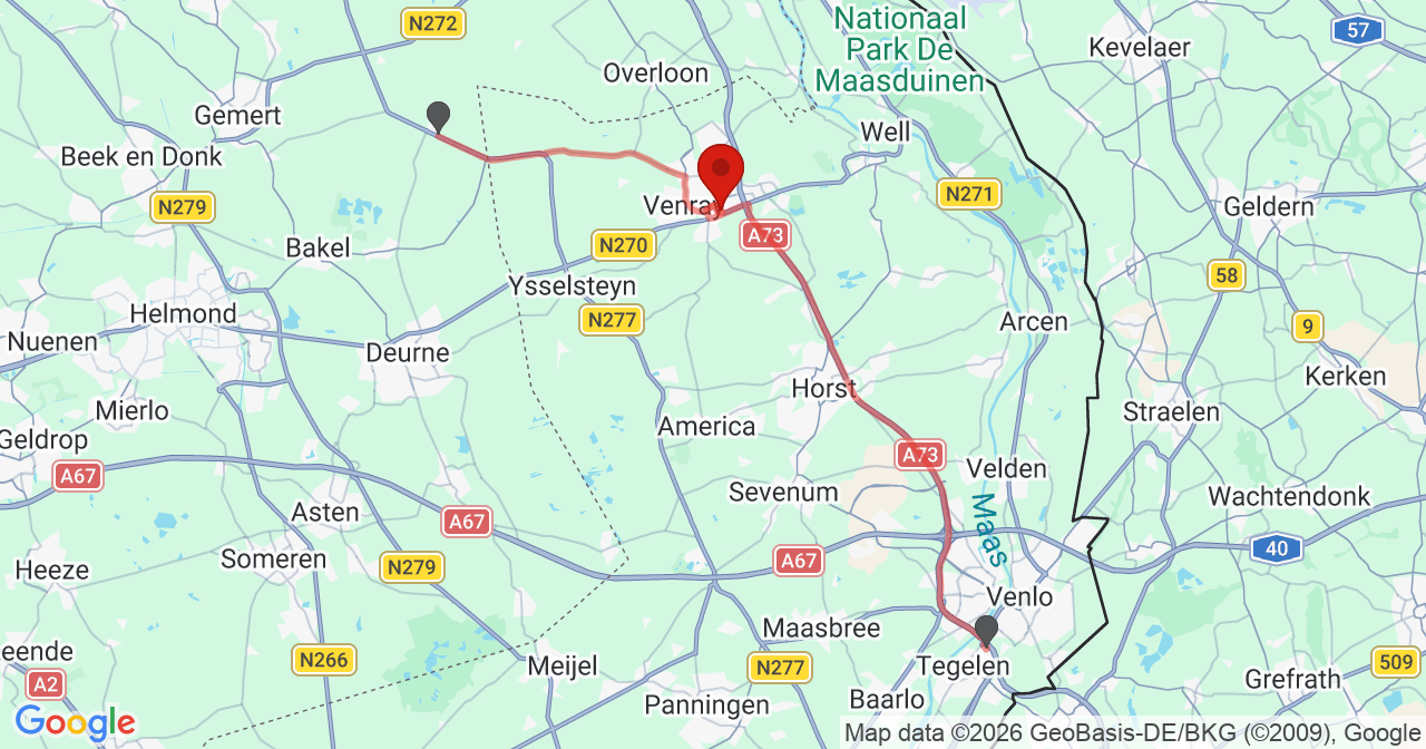 Kaart van het incident in Venray met de aanrijroutes van de gealarmeerde eenheden
