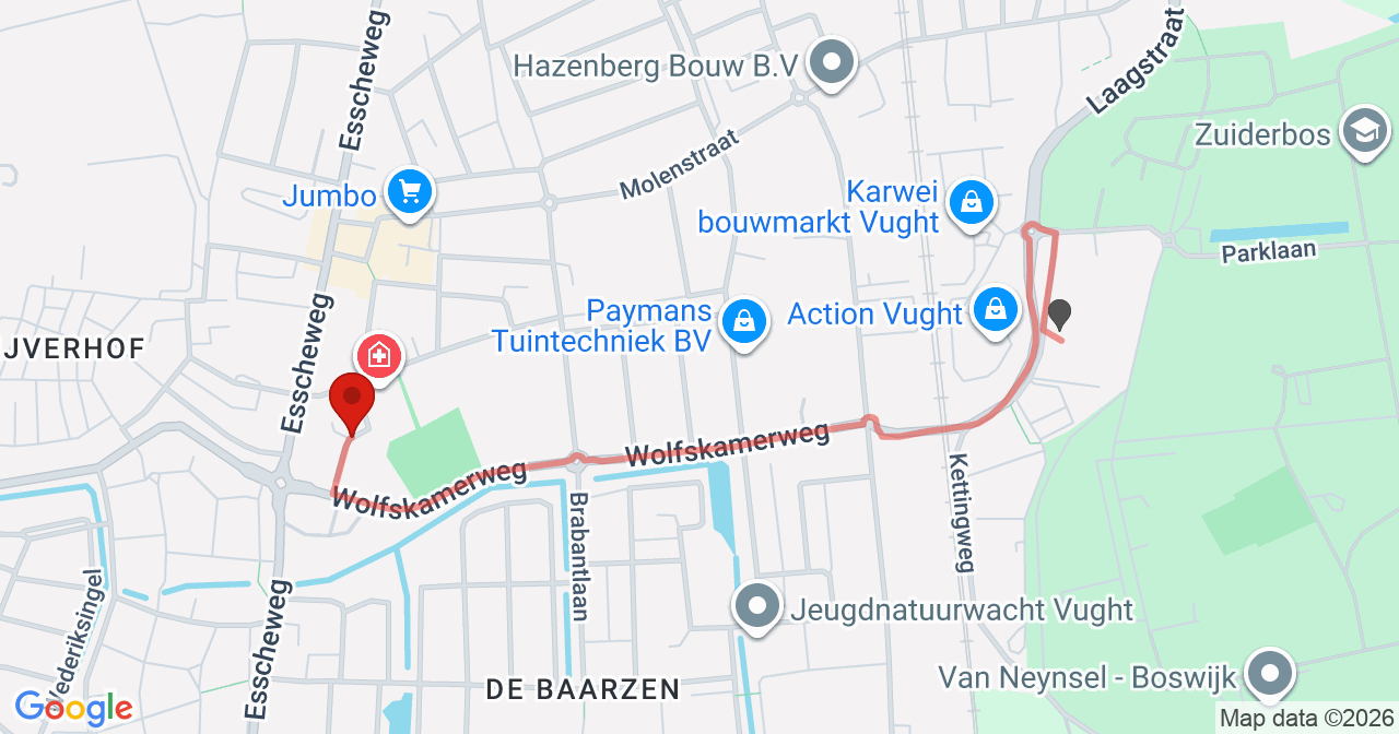 Kaart van het incident in Vught met berekende routes vanaf gealarmeerde posten