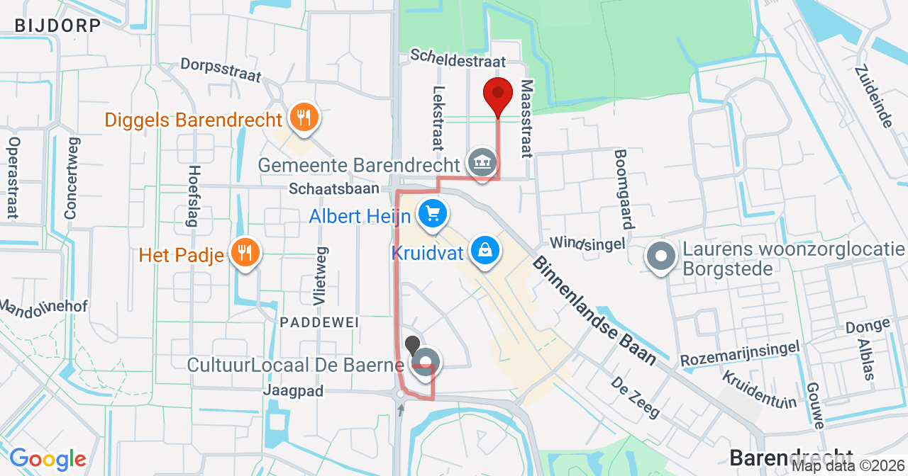 Kaart van het incident in Barendrecht met berekende routes vanaf gealarmeerde posten