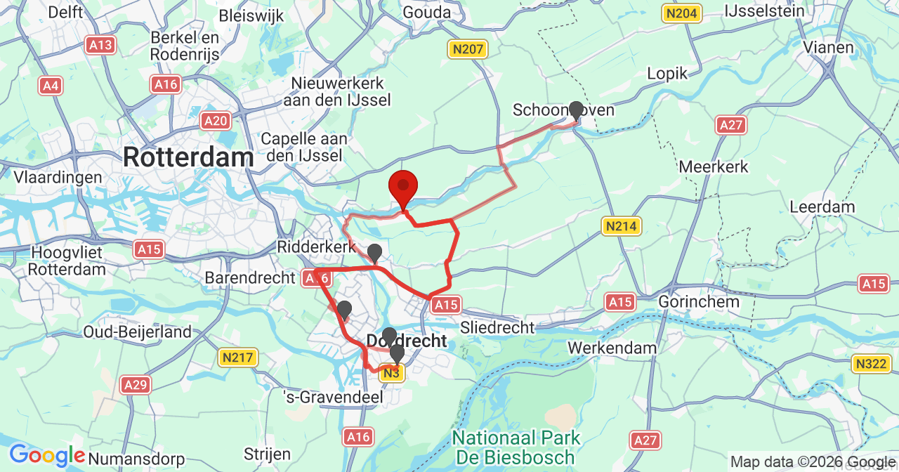 Kaart van het incident in Nieuw-Lekkerland met berekende routes vanaf gealarmeerde posten
