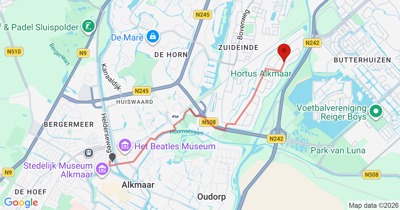 Kaart van het incident in Alkmaar met berekende routes vanaf gealarmeerde posten