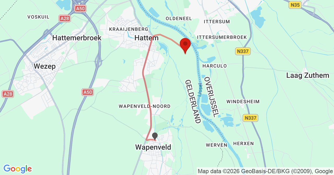 Kaart van het incident in Hattem met berekende routes vanaf gealarmeerde posten