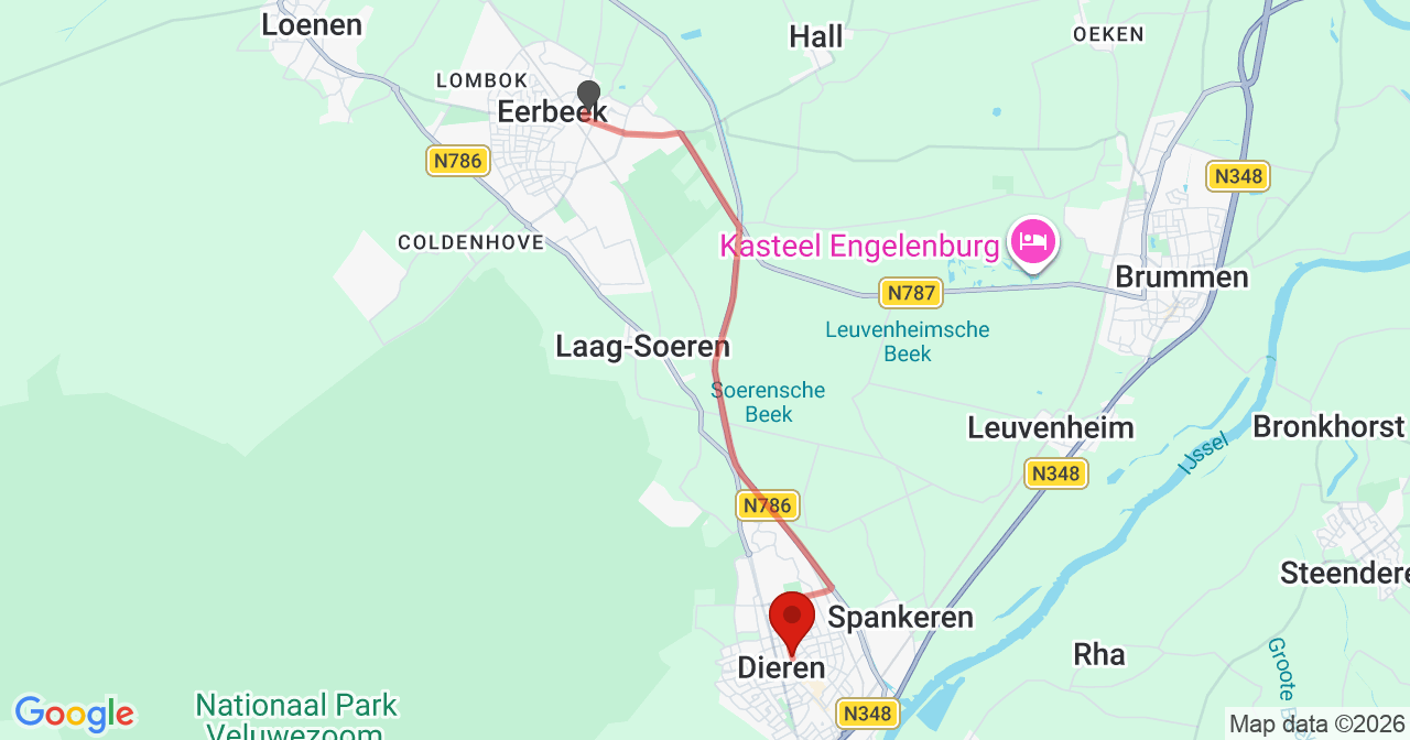 Kaart van het incident in Dieren met de aanrijroutes van de gealarmeerde eenheden
