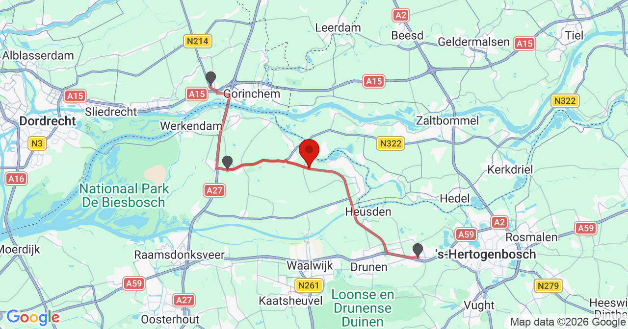 Kaart van het incident in Andel met berekende routes vanaf gealarmeerde posten