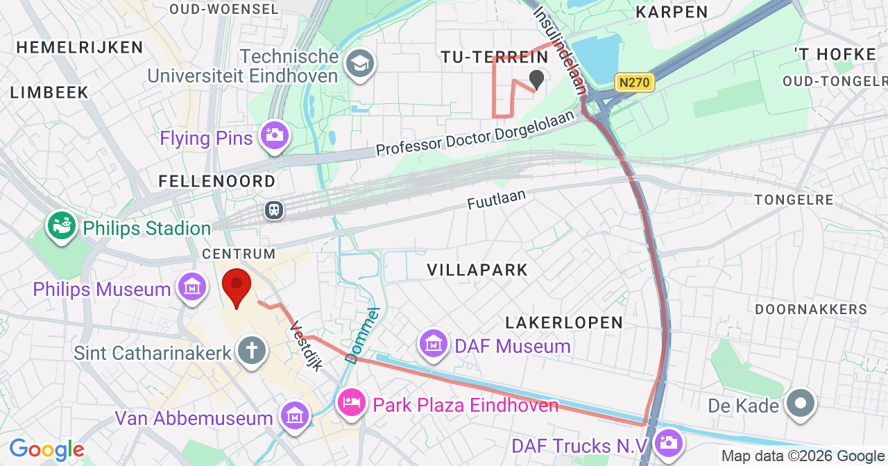 Kaart van het incident in Eindhoven met berekende routes vanaf gealarmeerde posten