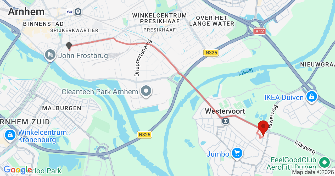 Kaart van het incident in Westervoort met berekende routes vanaf gealarmeerde posten