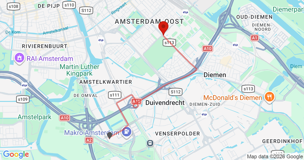 Kaart van het incident in Amsterdam met berekende routes vanaf gealarmeerde posten