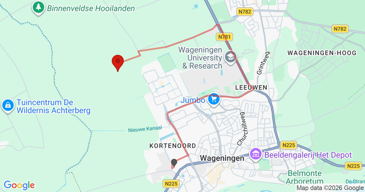 Kaart van het incident in Wageningen met berekende routes vanaf gealarmeerde posten