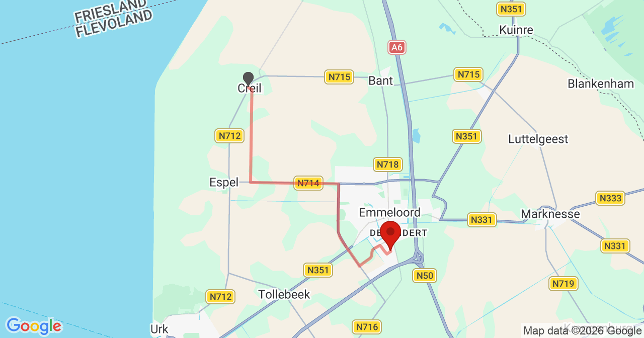 Kaart van het incident in Emmeloord met berekende routes vanaf gealarmeerde posten