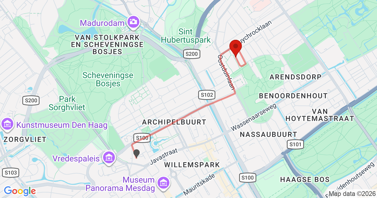 Kaart van het incident in 's-Gravenhage met berekende routes vanaf gealarmeerde posten