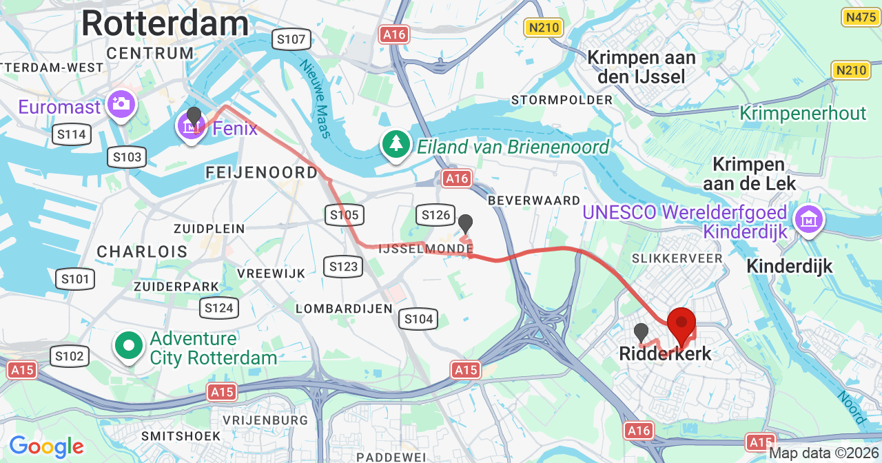 Kaart van het incident in Ridderkerk met berekende routes vanaf gealarmeerde posten