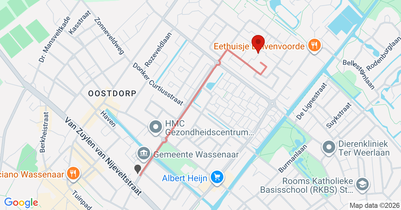 Kaart van het incident in Wassenaar met berekende routes vanaf gealarmeerde posten