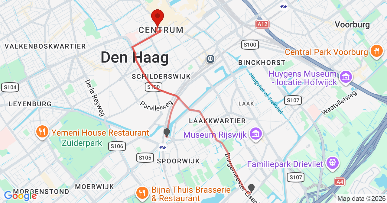 Kaart van het incident in 's-Gravenhage met berekende routes vanaf gealarmeerde posten