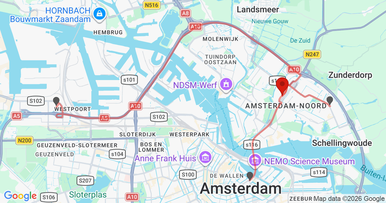 Kaart van het incident in Amsterdam met de aanrijroutes van de gealarmeerde eenheden