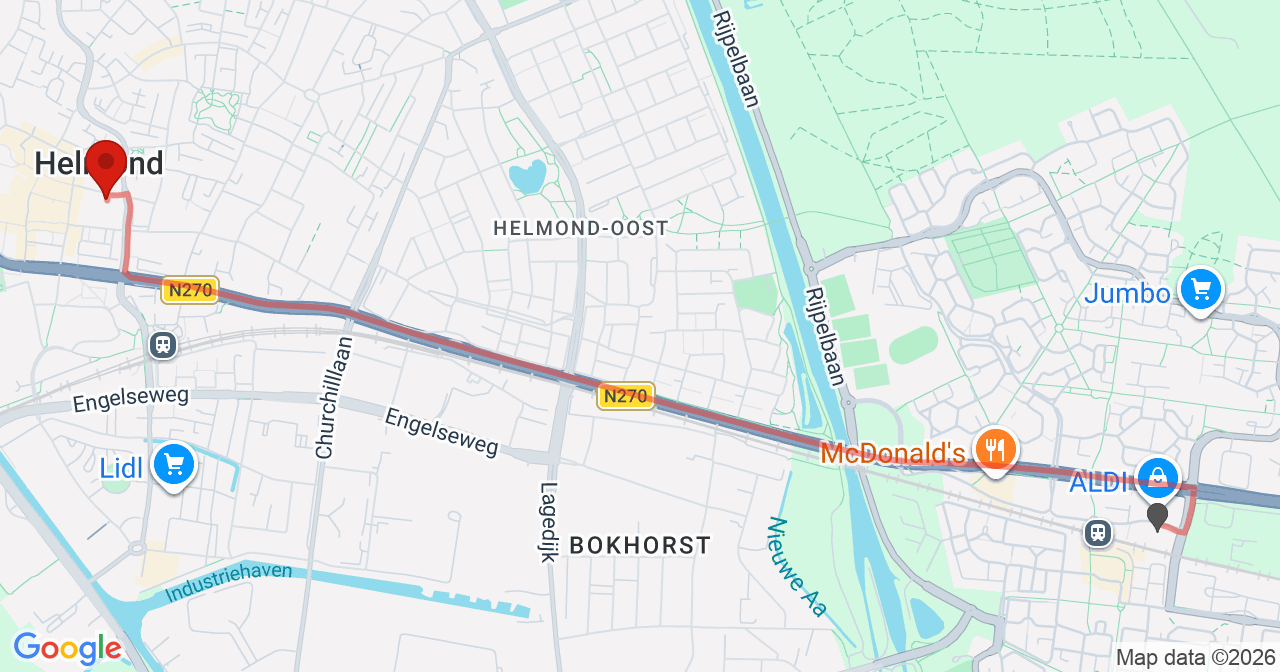 Kaart van het incident in Helmond met de aanrijroutes van de gealarmeerde eenheden