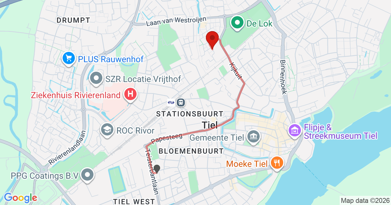 Kaart van het incident in Tiel met berekende routes vanaf gealarmeerde posten
