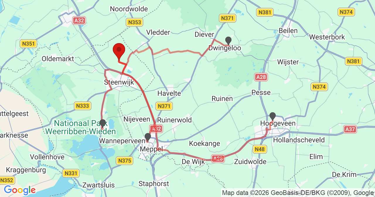 Kaart van het incident in De Bult met berekende routes vanaf gealarmeerde posten