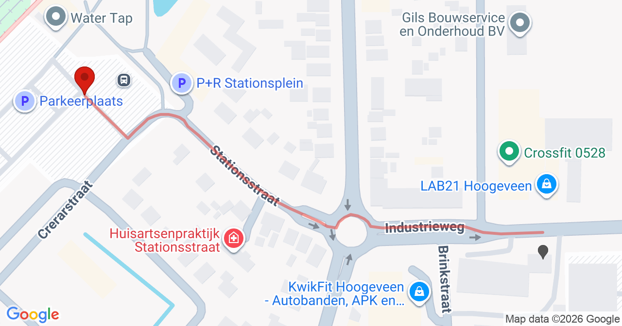 Kaart van het incident in Hoogeveen met berekende routes vanaf gealarmeerde posten